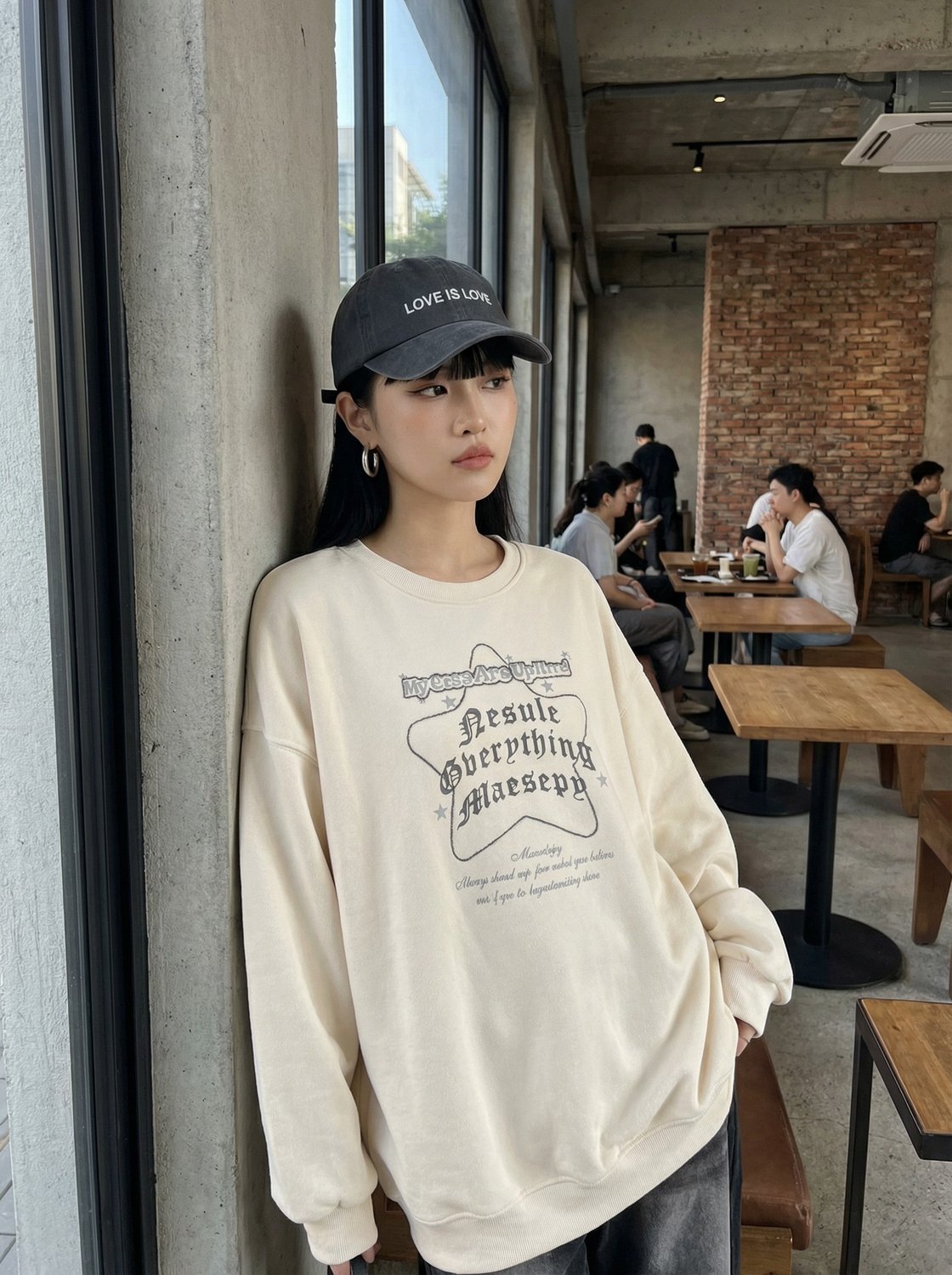 休閒風杏色修身連帽衫
